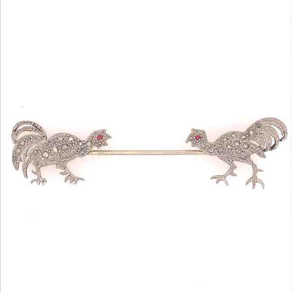 Vintage French 18Kt Gold Diamond And Ruby Rooster Jabot Pin