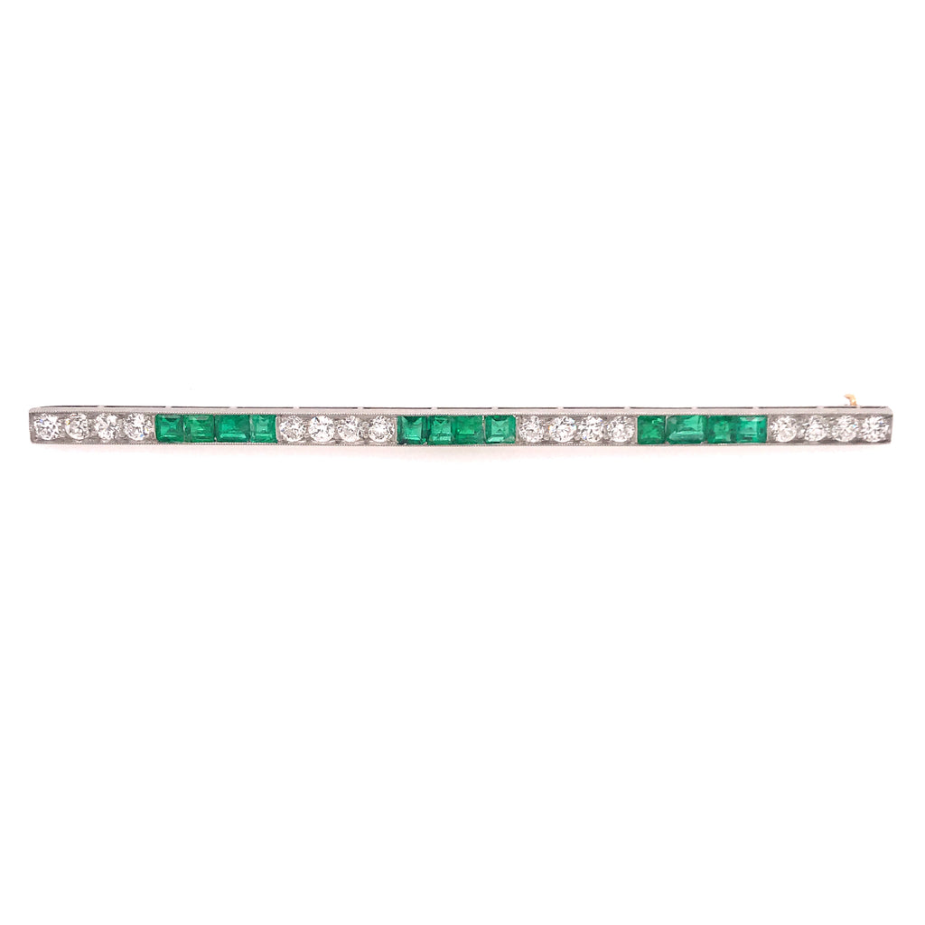 Art Deco Platinum, Emerald & Diamond Bar Pin