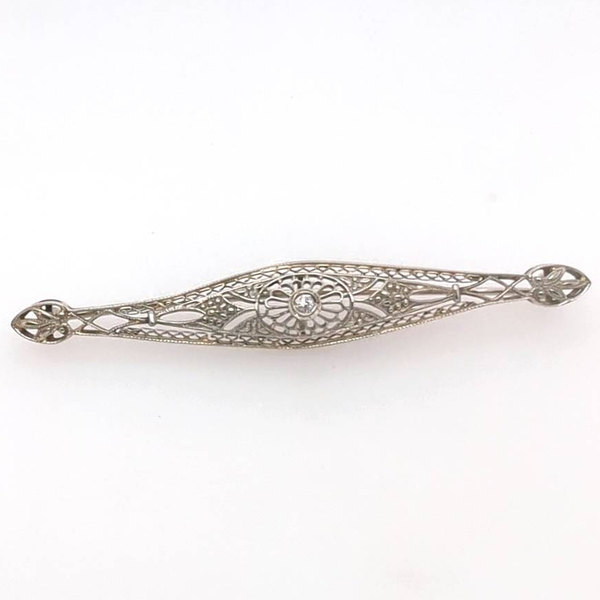 Art Deco 18kt white gold and diamond filigree bar pin