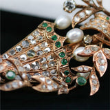 Antique mid Victorian rose gold diamond,emerald & pearl flower vase brooch