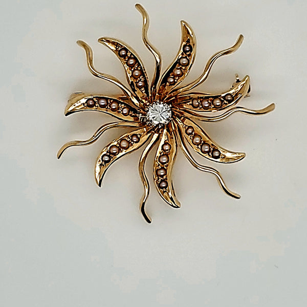 Vintage mid-century 14kt yellow gold, diamond & pearl sun burst brooch