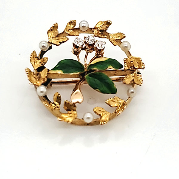 Late Victorian/Early Art Nouveau 14Kt Gold Enamel Diamond And Pearl Circle Brooch