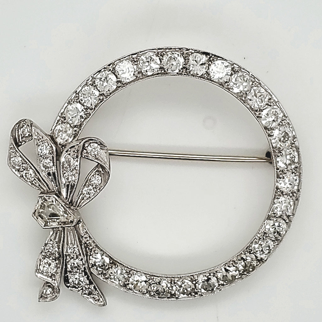 Art Deco Platinum and Diamond Circle Bow Brooch