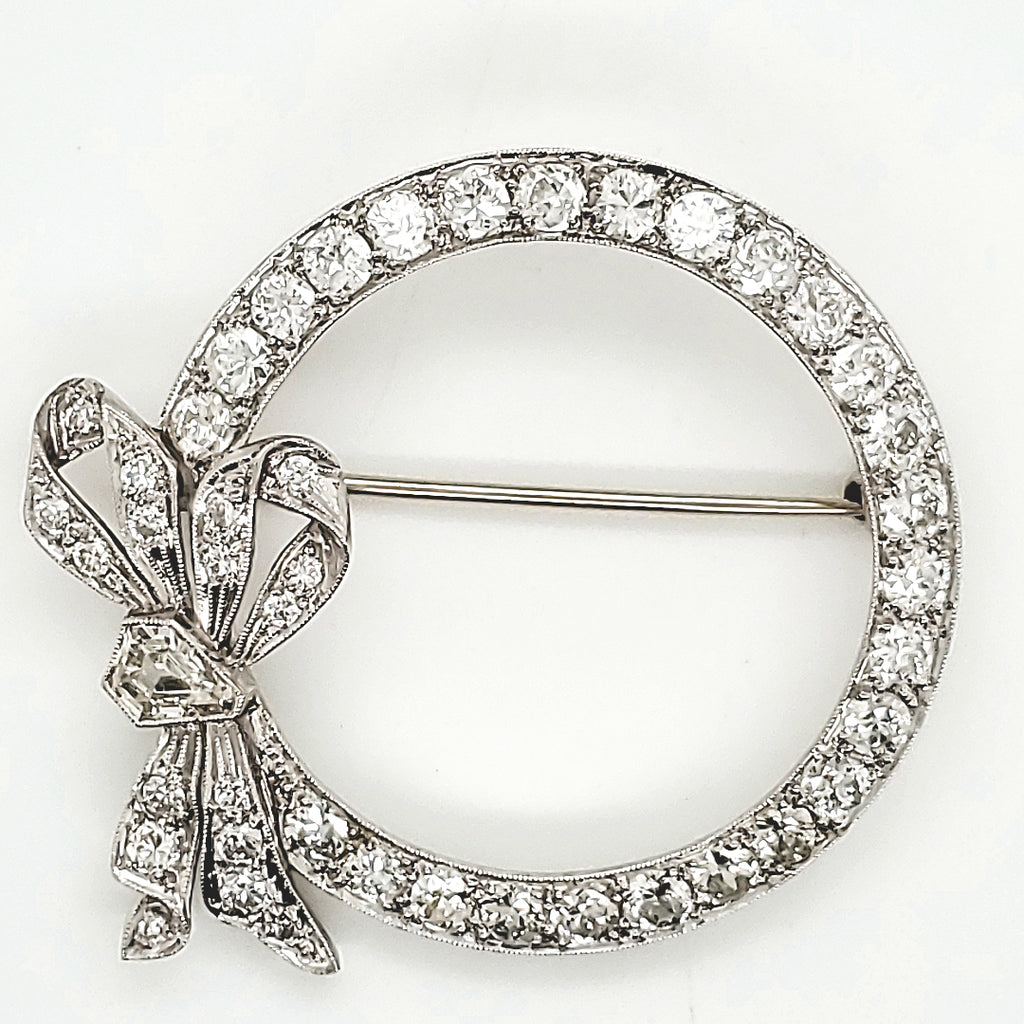 Art Deco Platinum and Diamond Circle Bow Brooch