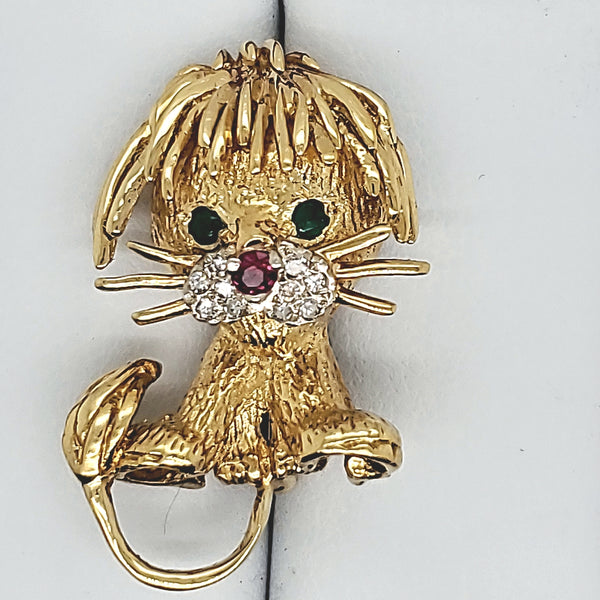 Vintage 18Kt Gold And Gem Stone Lion Brooch