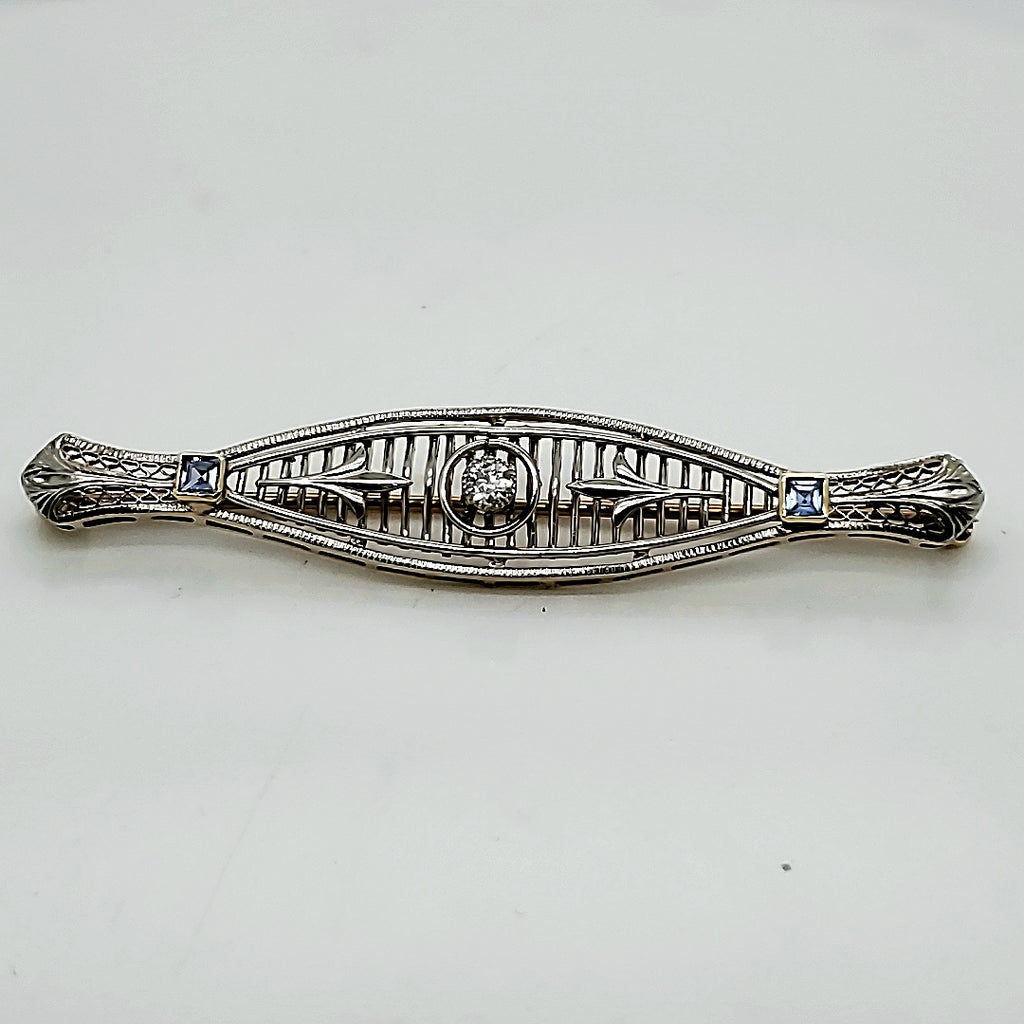 Platinum on 14kt Yellow Gold Art Deco Filigree Diamond & Sapphire Brooch