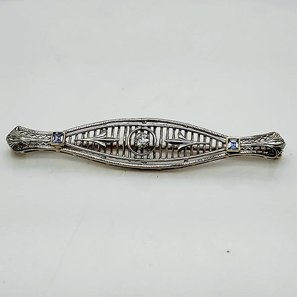 Platinum on 14kt Yellow Gold Art Deco Filigree Diamond & Sapphire Brooch