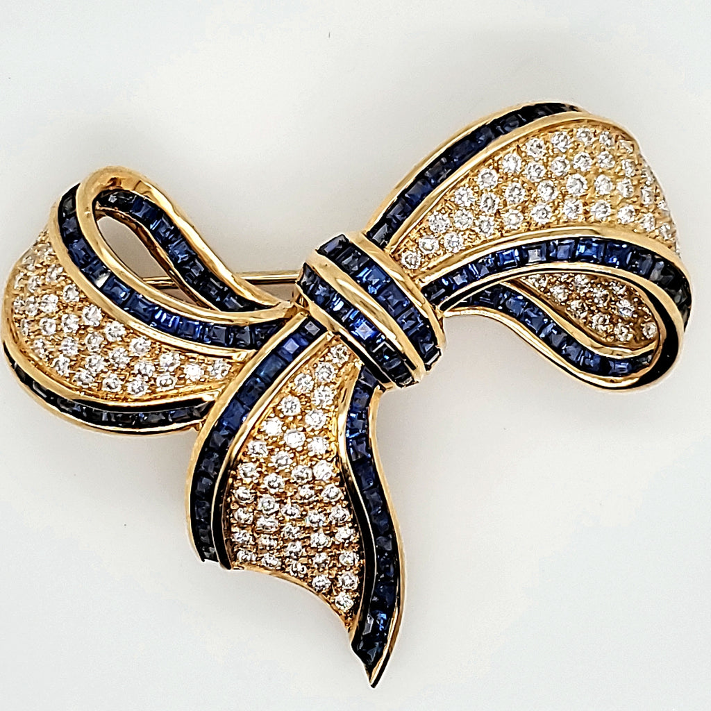 Vintage 18Kt Yellow Gold Diamond And Sapphire Bow Brooch