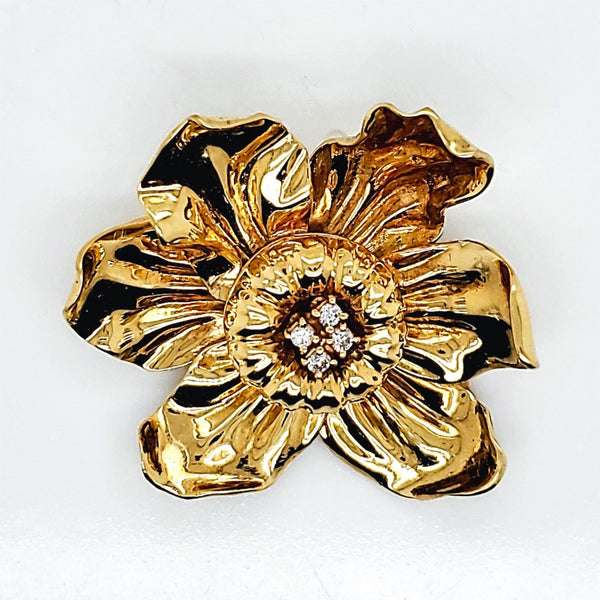 Vintage 18kt Yellow Gold and Diamond Flower Brooch