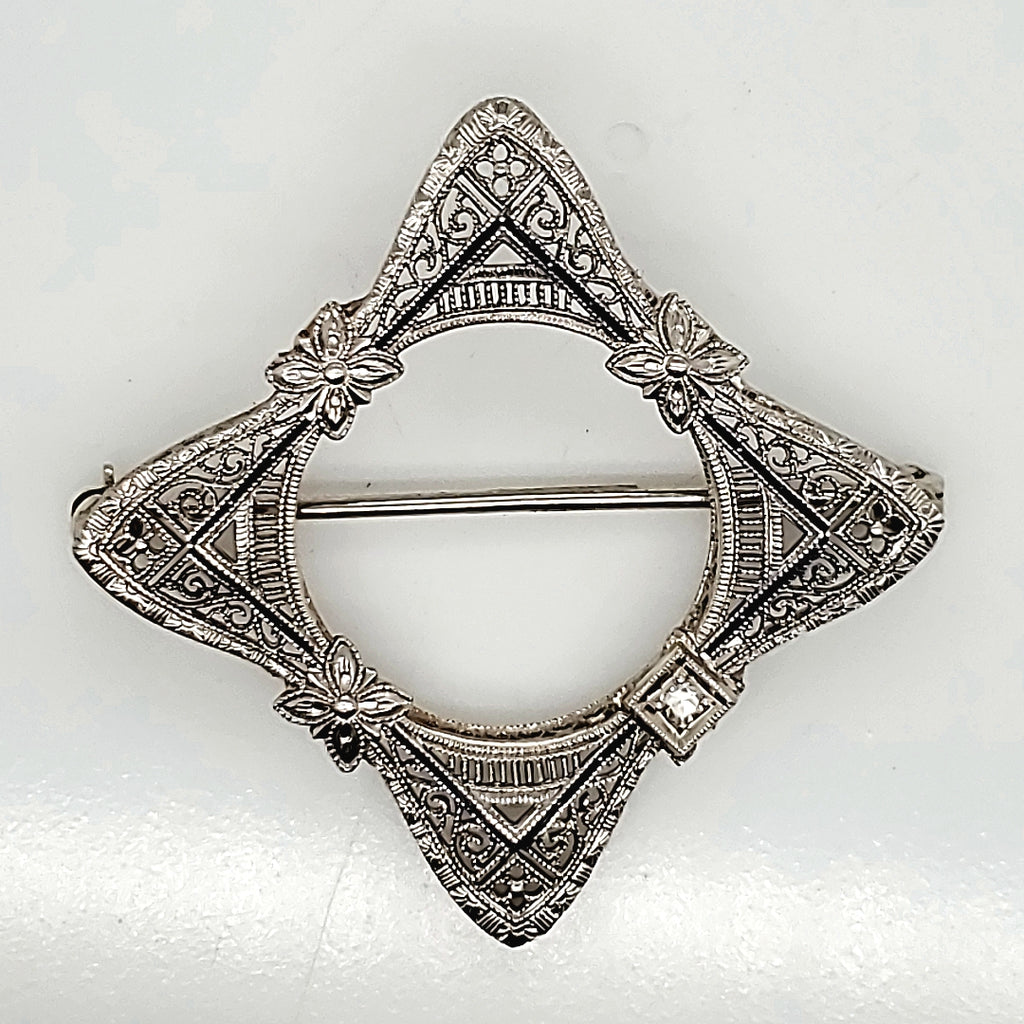 Art Deco 14kt White Gold Square Filigree Brooch