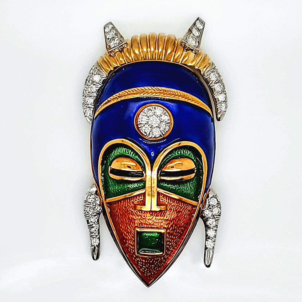 18kt Yellow Gold and Enamel Diamond Tribal Mask Brooch