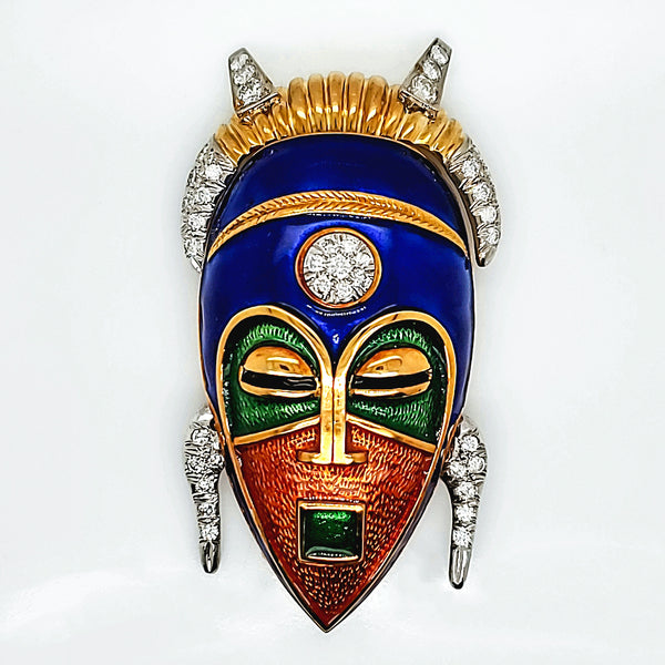 18kt Yellow Gold and Enamel Diamond Tribal Mask Brooch