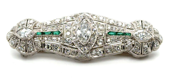 Art Deco Platinum Diamond and Emerald Filigree Brooch/Pendant