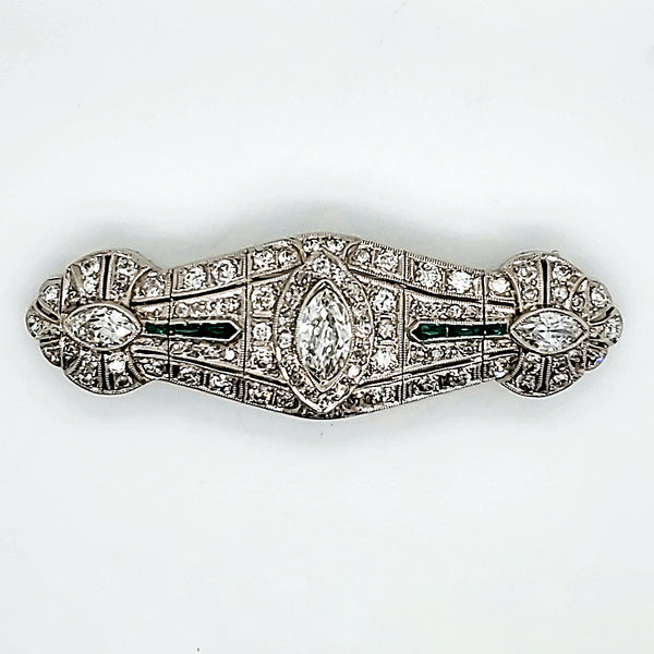 Art Deco Platinum Diamond and Emerald Filigree Brooch/Pendant