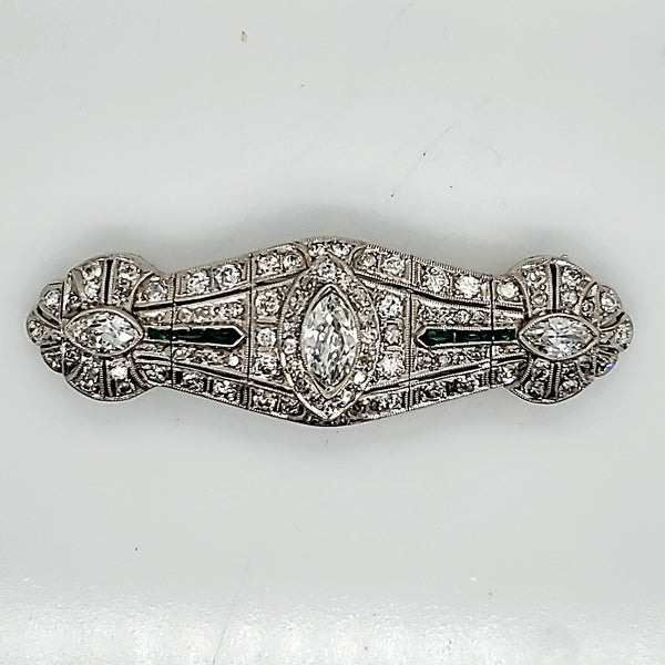 Art Deco Platinum Diamond and Emerald Filigree Brooch/Pendant