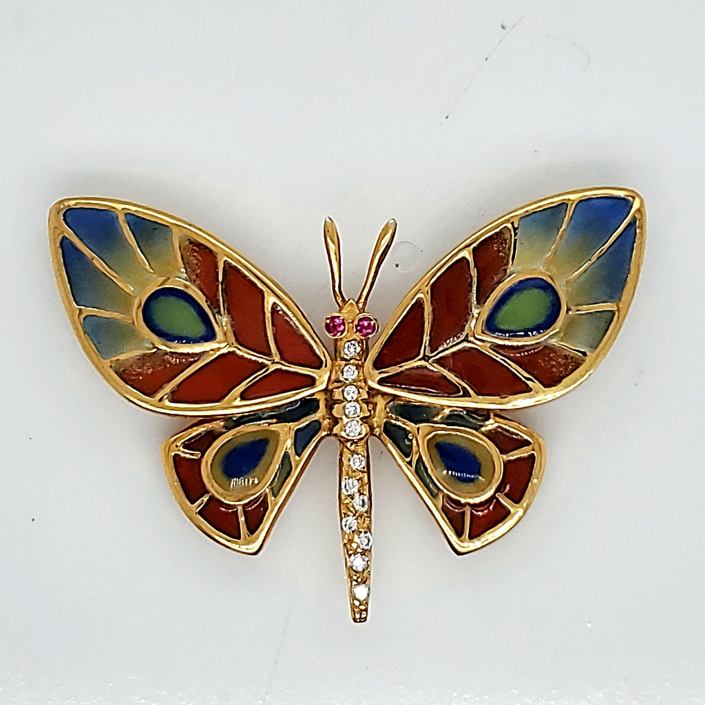 Vintage 18kt Yellow Gold Plique A Jour Diamond and Ruby Enamel Butterfly Brooch