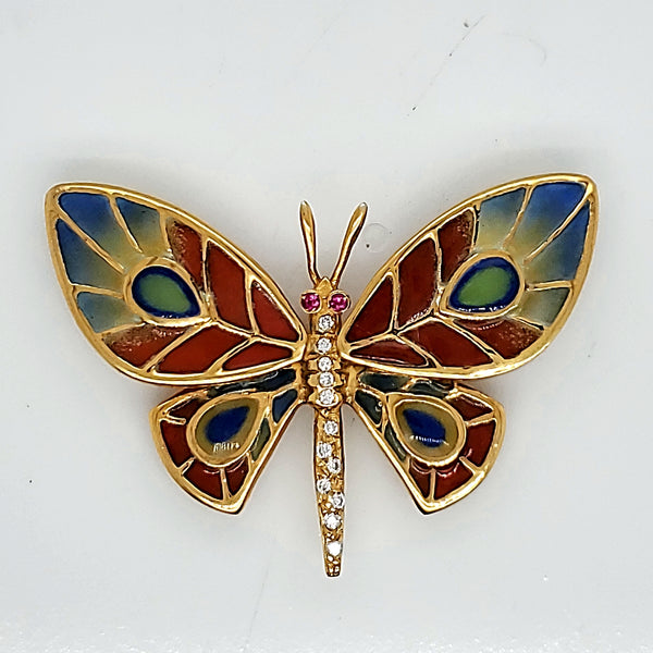 Vintage 18kt Yellow Gold Plique A Jour Diamond and Ruby Enamel Butterfly Brooch