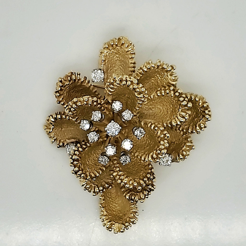 Vintage 18kt Yellow Gold and Diamond Floral Brooch