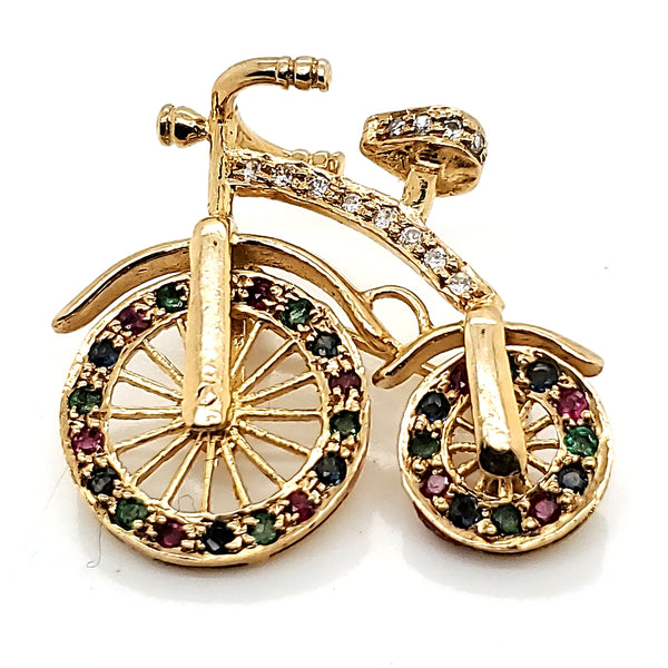 Vintage 14Kt Yellow Gold Diamond And Gemstone Tricycle Brooch