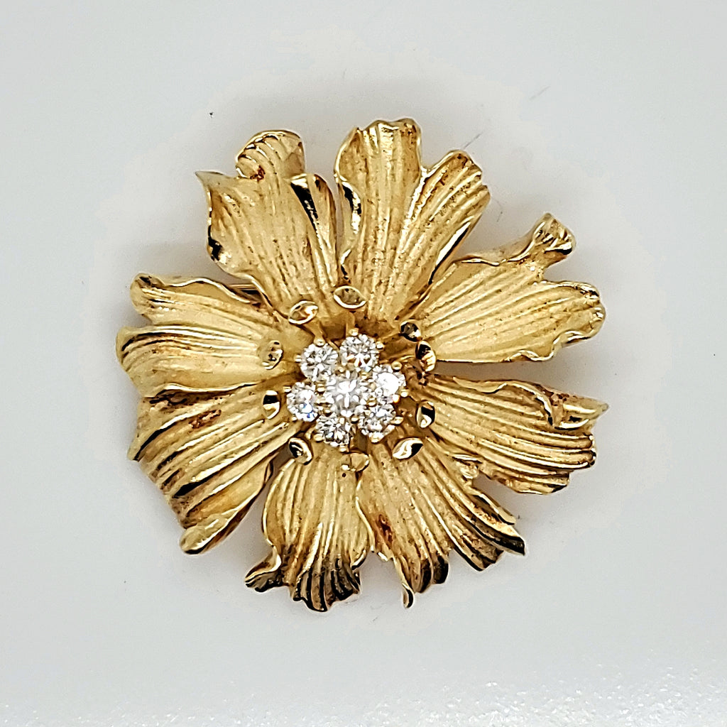 Vintage 18kt Yellow Gold and Diamond Flower Brooch