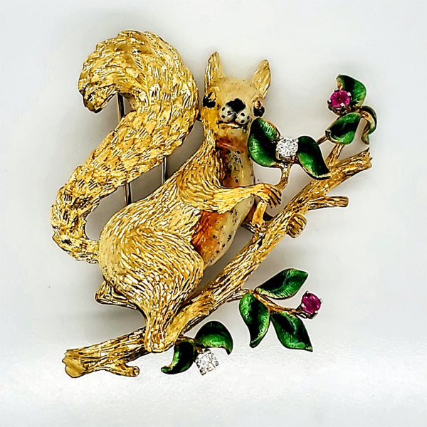 Vintage Hand Enameled 18kt Yellow Gold Ruby and Diamond Squirrel Brooch