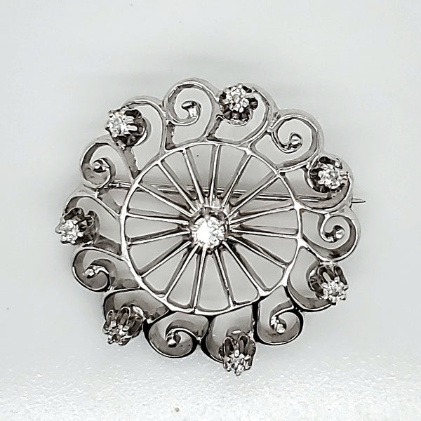 Vintage 14kt White Gold and Diamond Sunburst Brooch