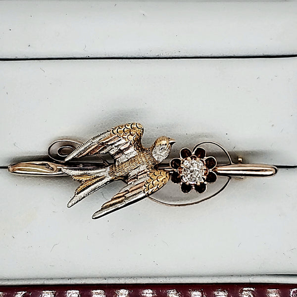 Antique Victorian 14kt Gold and Diamond Swallow Pin