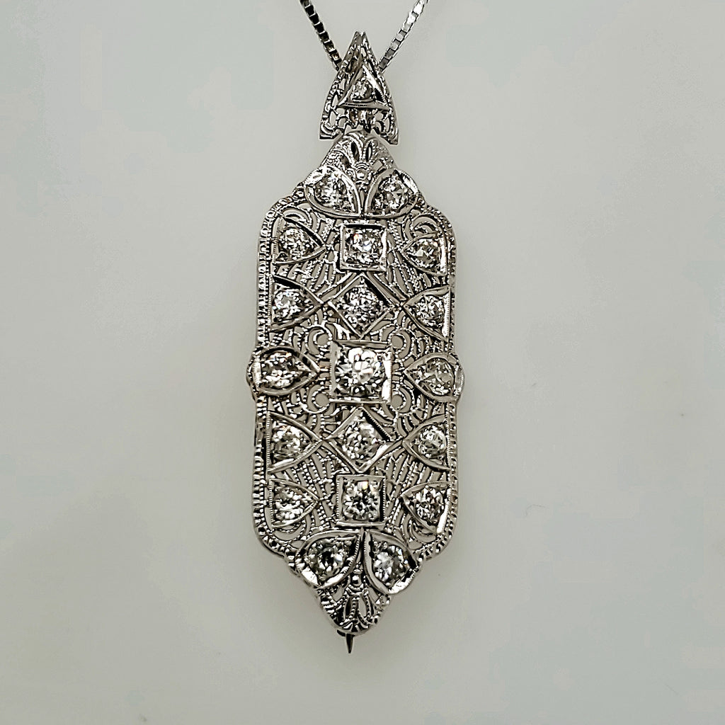 Art Deco 14kt White gold and Diamond Filigree Pendant/Brooch