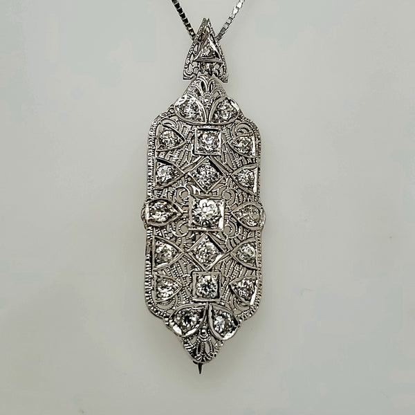 Art Deco 14kt White gold and Diamond Filigree Pendant/Brooch