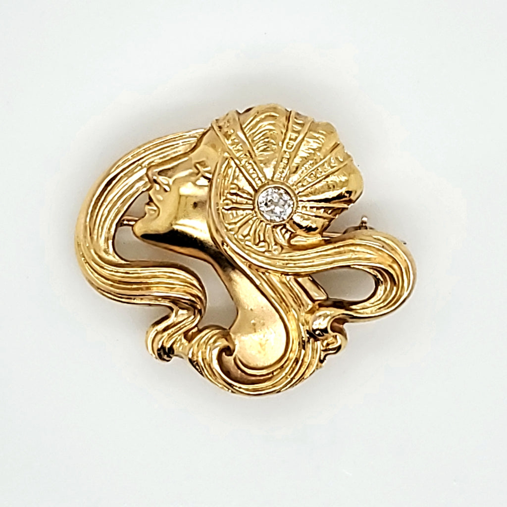 Antique Art Nouveau 14kt Gold and Diamond Brooch