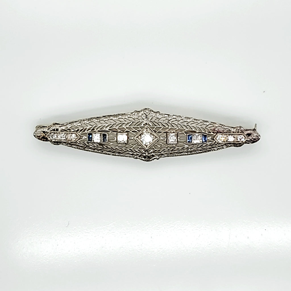 Art Deco Filigree Sapphire and Diamond Brooch