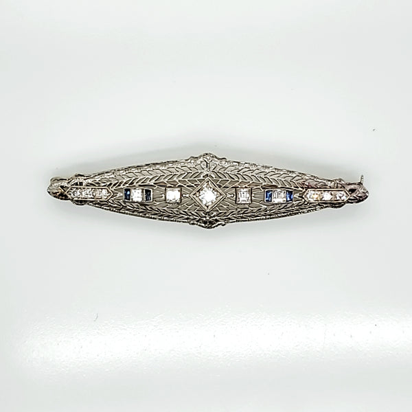 Art Deco Filigree Sapphire and Diamond Brooch