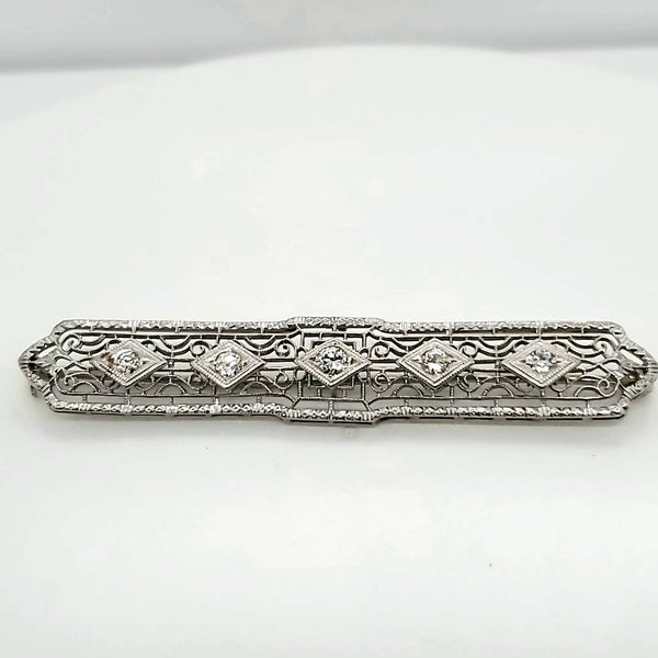 Art Deco 14kt White Gold and Diamond Filigree Brooch