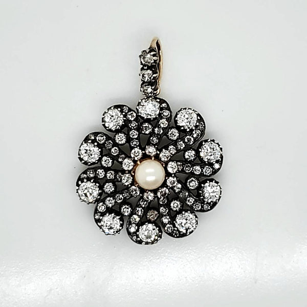 Late Georgian Early Victorian Antique Silver on 14kt Gold Diamnd and Pearl Brooch/Pendant