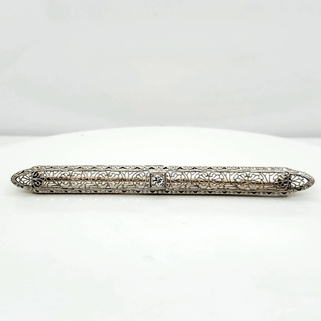 Art Deco 14kt White Gold and Diamond Filigree Brooch