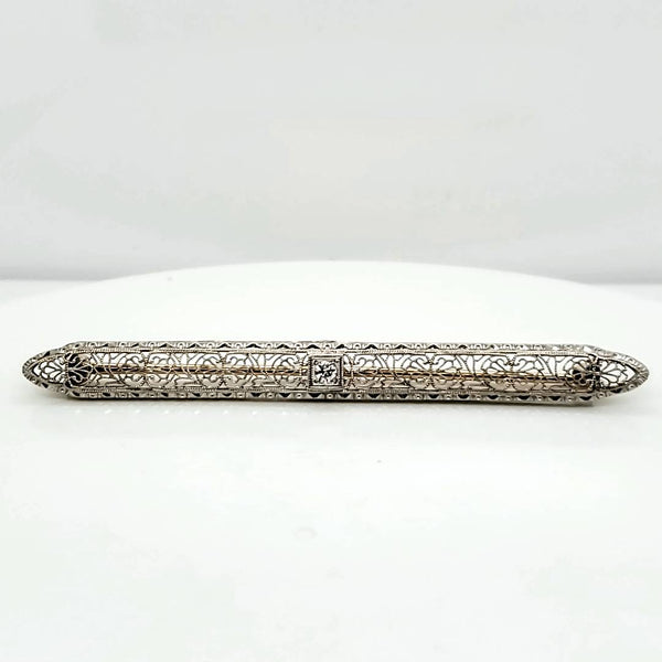 Art Deco 14kt White Gold and Diamond Filigree Brooch