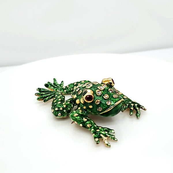 Vintage Numbered 14kt Yellow Gold Diamond Ruby and sapphire Enamel Frog Brooch