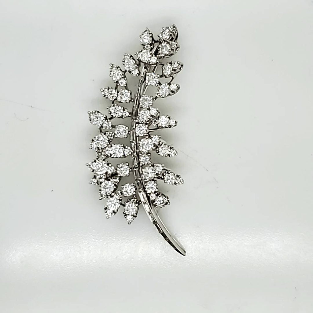 Vintage Platinum Round and Baguette Cut Diamond Feather Brooch