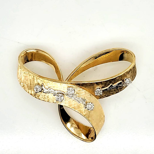 Vintage 18kt Yellow Gold Diamond Bow Brooch