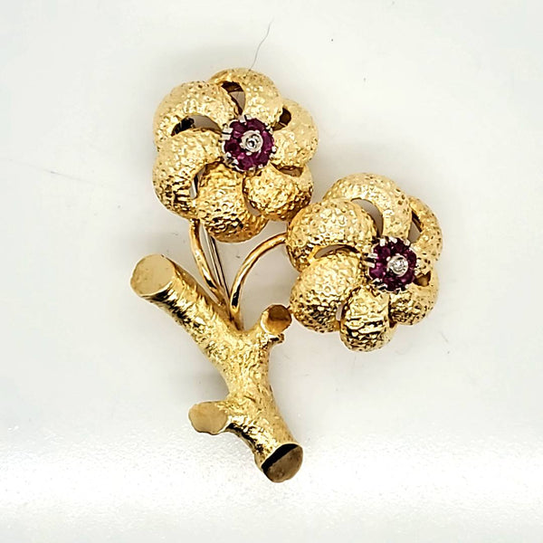 Vintage 18Kt Yellow Gold Ruby And Diamond Floral Brooch