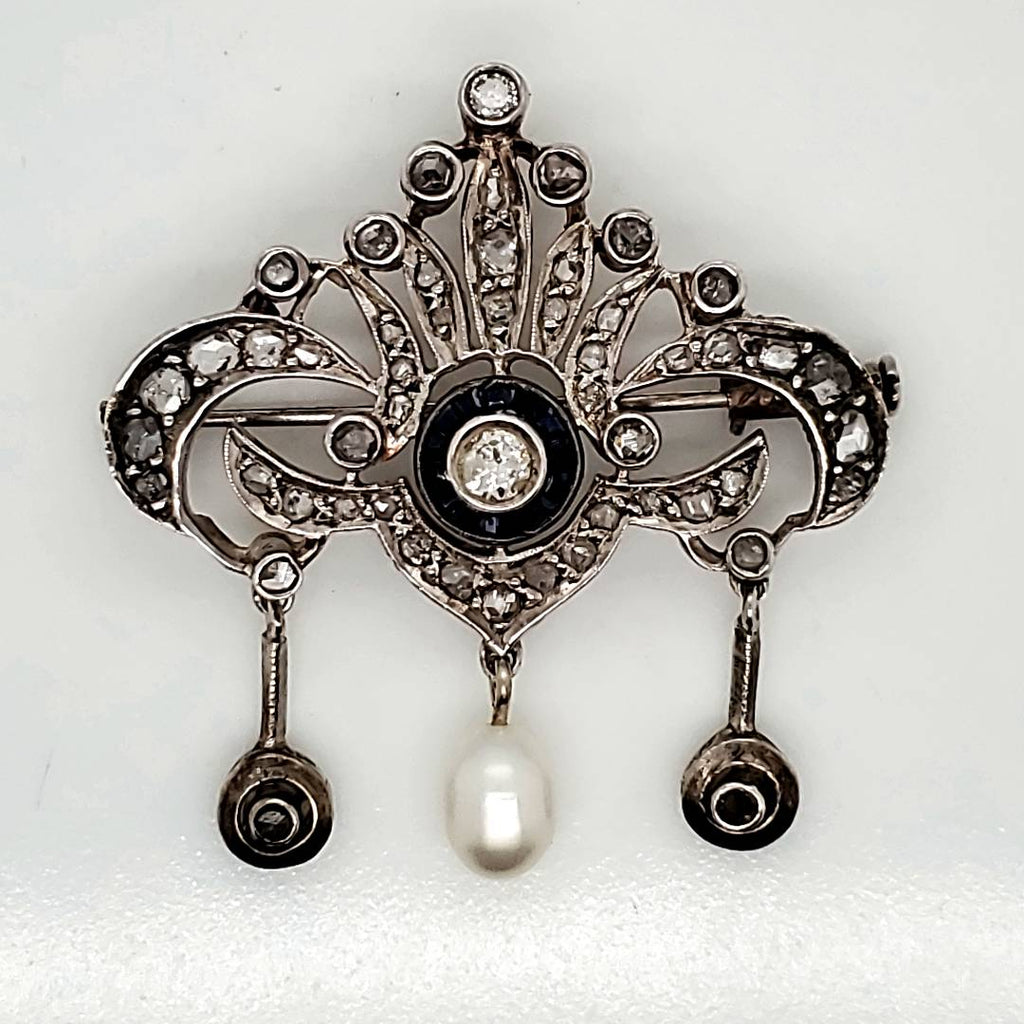 Vintage Belle Epoch Style Silver Diamond Sapphire and Pearl Brooch and Pendant