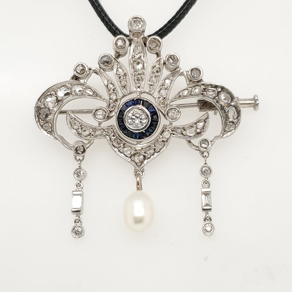 Vintage Belle Epoch Style Silver Diamond Sapphire and Pearl Brooch and Pendant