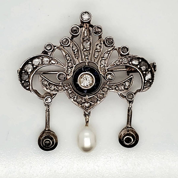 Vintage Belle Epoch Style Silver Diamond Sapphire and Pearl Brooch and Pendant