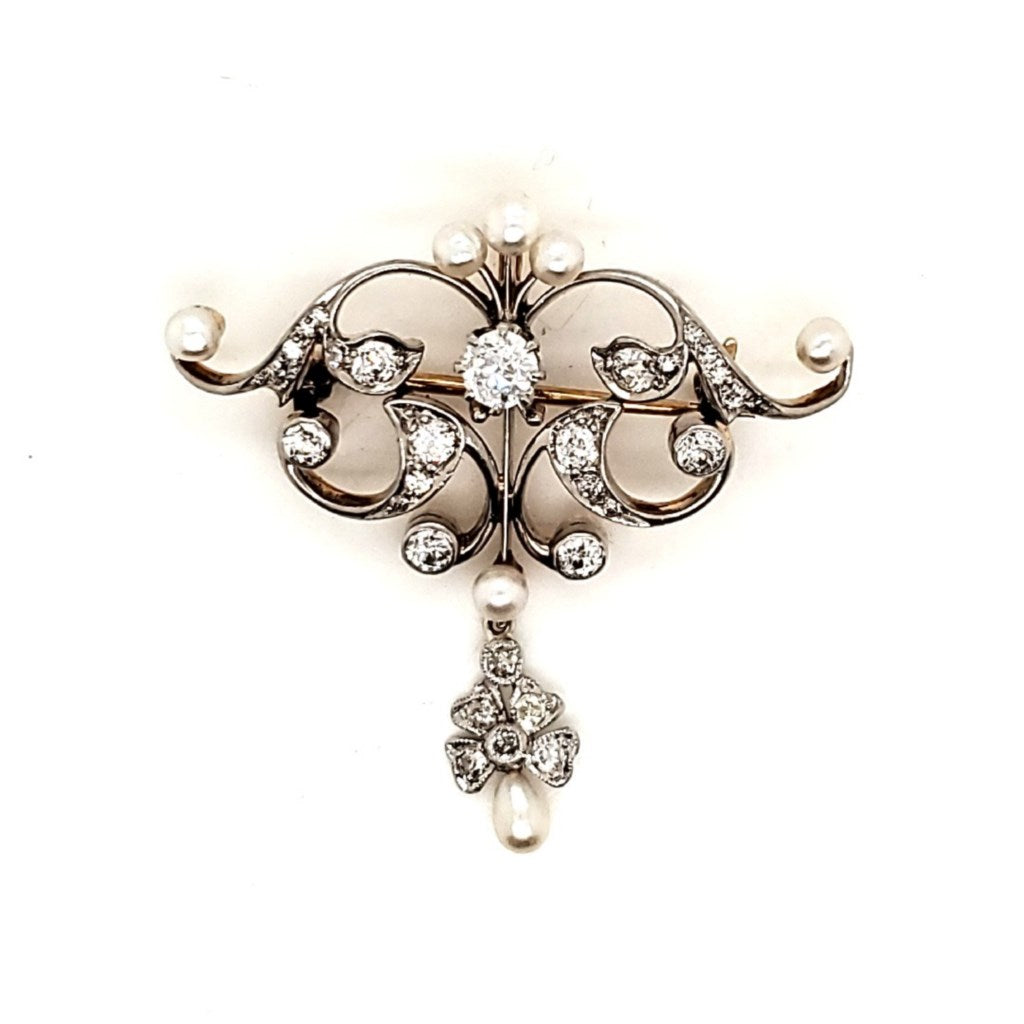 Belle Epoch Era Platinum On Yellow Gold Diamond and Pearl Brooch or Pendant