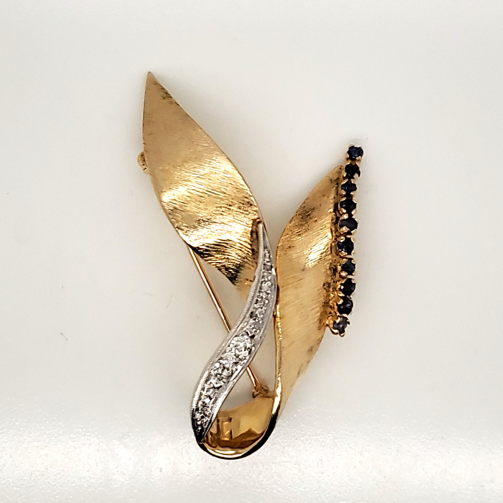 Vintage 14kt Yellow Gold Sapphire and Diamond Brooch