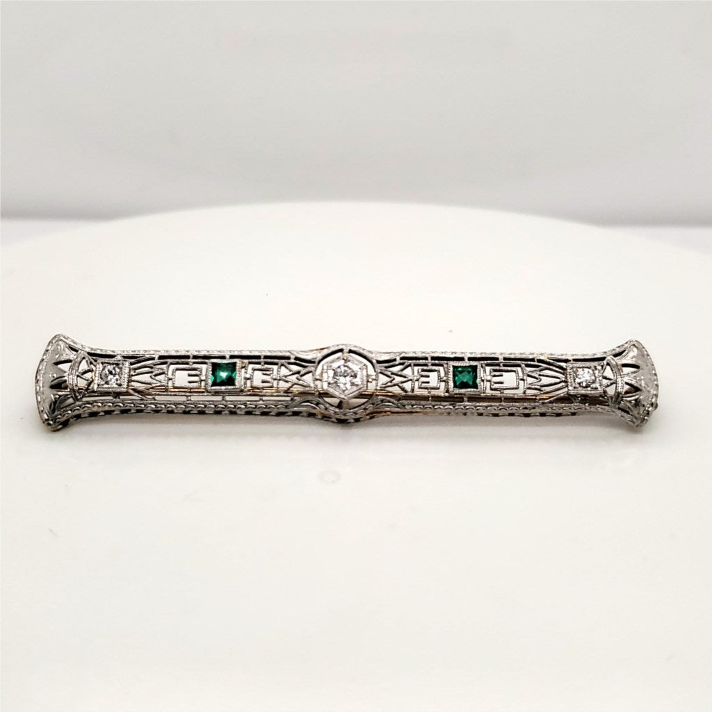 Art Deco Filigree Emerald and Diamond Brooch