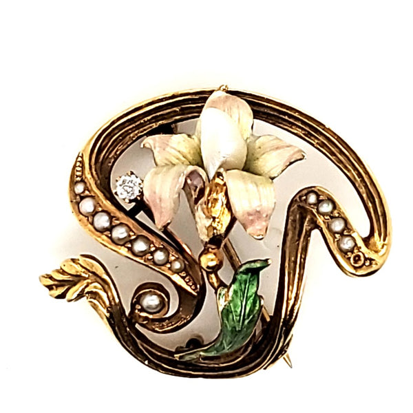 Art Nouveau 10Kt Yellow Gold Enamel Diamond And Pearl Brooch