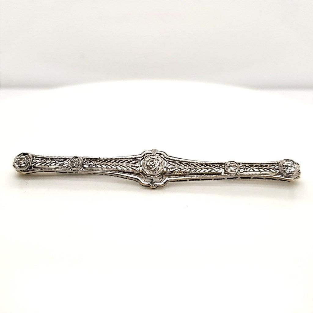 Art Deco Platinum on White Gold Diamond Filigree Bar Pin