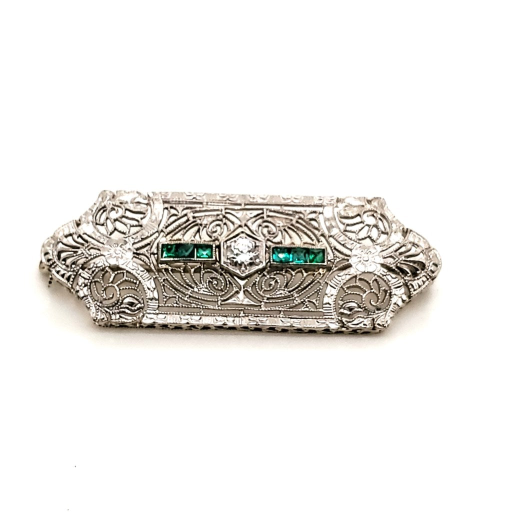 Art Deco Filigree Emerald and Diamond Brooch