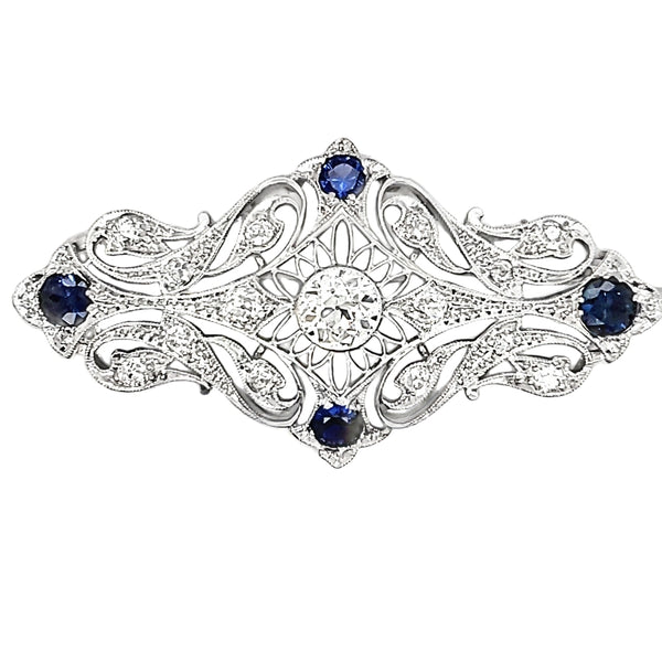 Art Deco Platinum Diamond and Sapphire Brooch